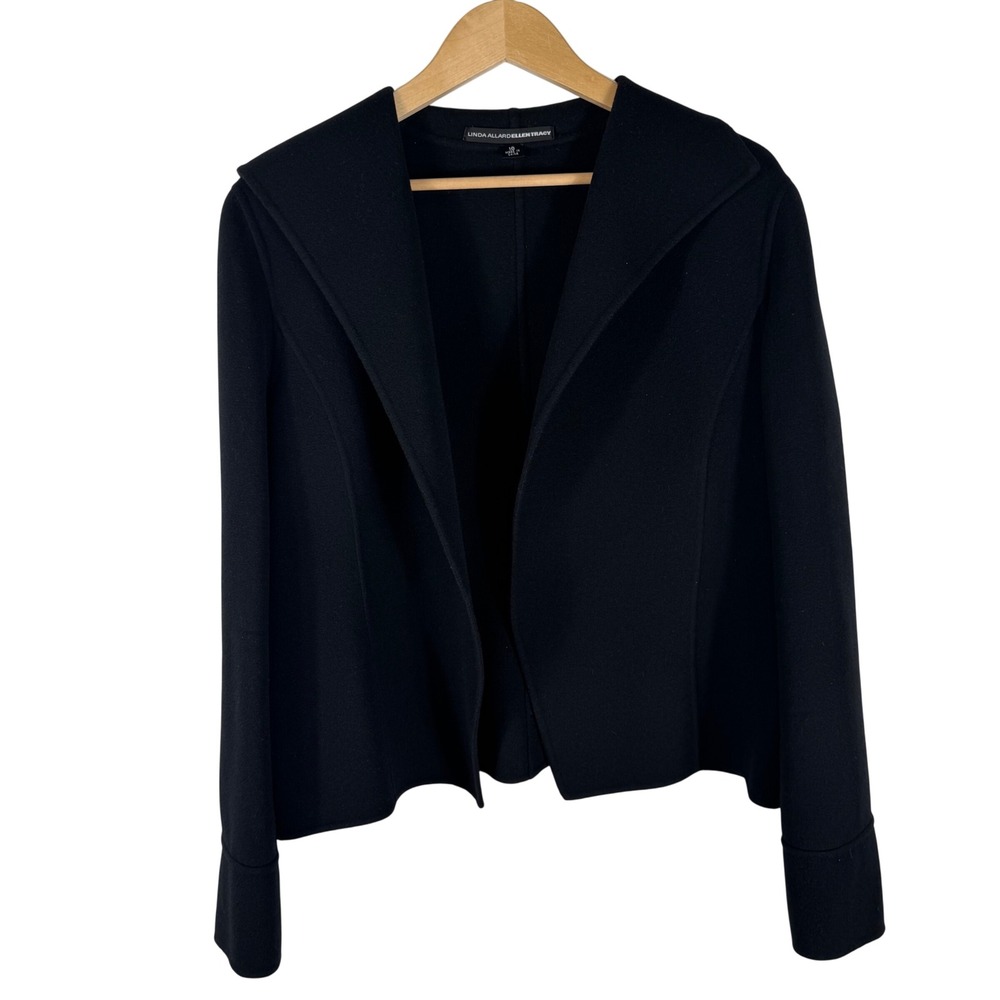 Linda Allard Ellen Tracy Wool Open Front Shawl Collar Jacket Womens 16 Black